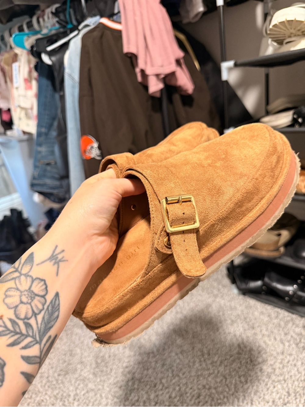 Womens Suede Buckle Slip-On Clog in Tan